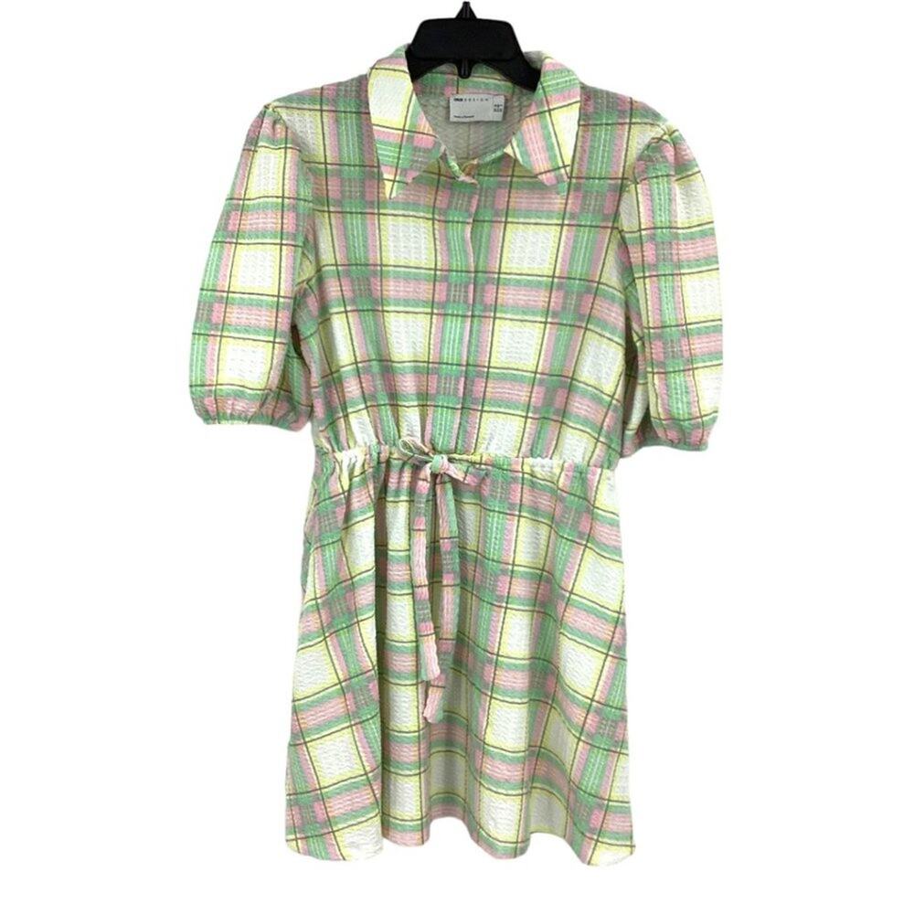 ASOS Mini Shirt Dress Puff Sleeves Pastel Plaid Size 6 NWOT $50 MSRP - Picture 3 of 8